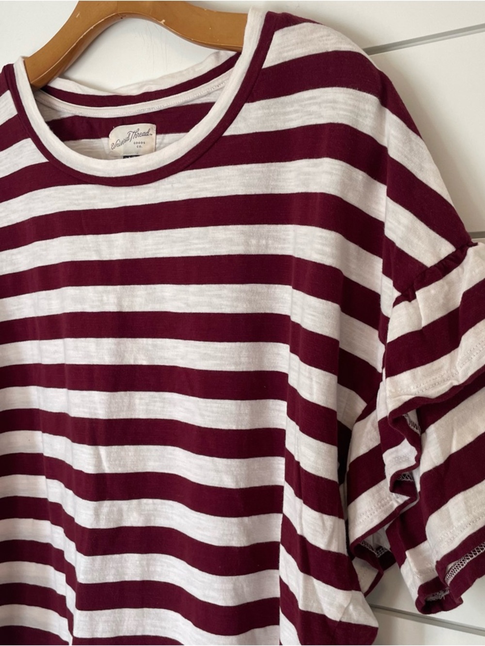 Universal Thread Striped Ruffle Sleeve Tee - Burgundy & White